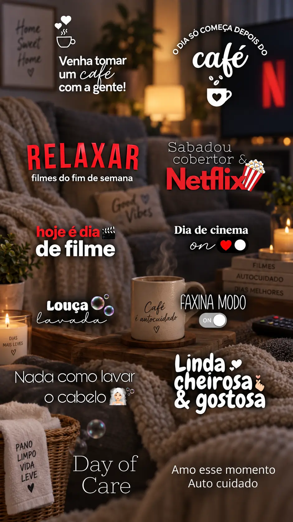 Figurinhas para café, cinema e autocuidado