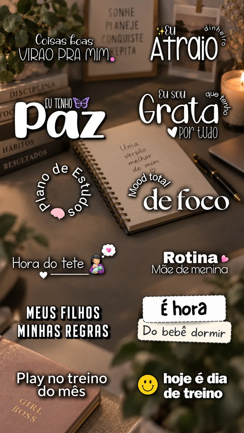 Figurinhas de gratidão, maternidade e treino
