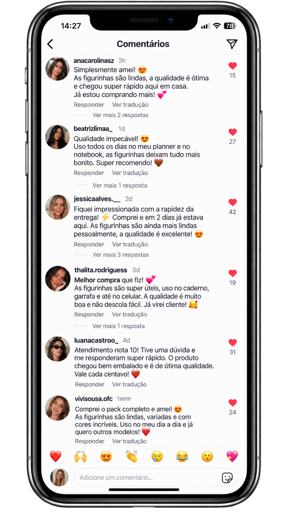 Comentários de clientes satisfeitas com as figurinhas